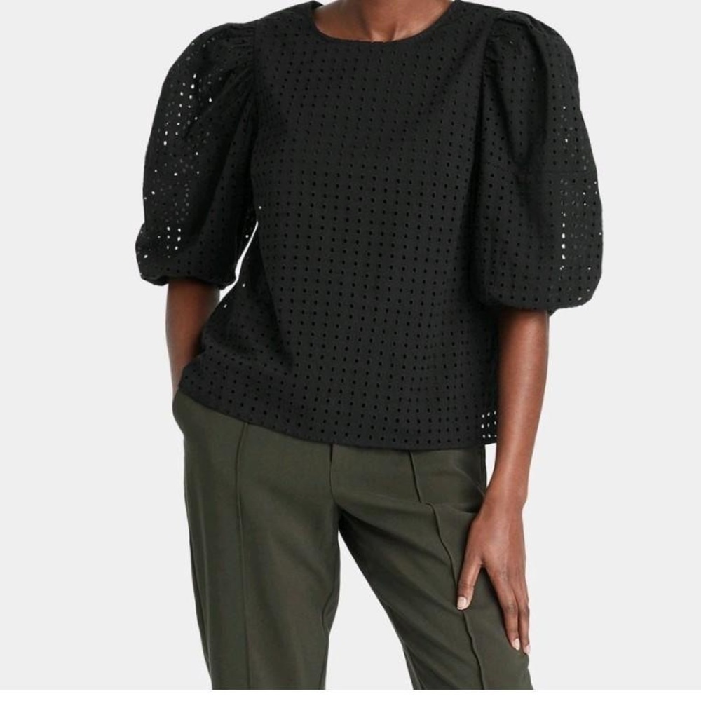 A New Day™ Women's Short Puff Sleeve Eyelet Top Light Black Size XS - Picture 4 of 11